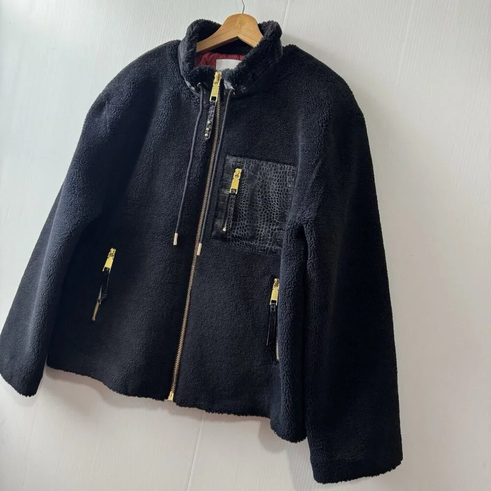 NEW Rebecca Minkoff Women’s Faux Shearling Zip Front Bomber Jacket Sz L Black - Picture 16 of 16